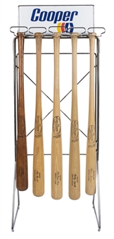 Vintage Cooper Bat Rack Display With (5) Store Model Bats: Munson, Mantle, Maris, Fox & Dickey 
